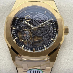 นาฬิกาดำน้ำคุณภาพสูงสุดหรูหรา กันน้ำ ระบบจักรกล ขนาด 41 มม. ผลิตโดยโรงงาน THB ใช้กลไก 3132 รุ่น 15407 สีทอง นาฬิกา Audemars โครงกระดูก - Product Image 1