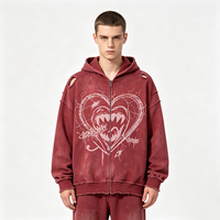 Sweat à capuche zippé rouge bordeaux vieilli, motif graffiti cœur d'horreur Kornit DTG, coupe oversize ample style streetwear