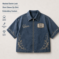 Chemise zippée vintage en jean bleu délavé, coupe ample, avec patch brodé, pour homme, style streetwear