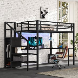 Modern Full Size Metal <strong>Loft</strong> <strong>Bed</strong> Frame <strong>Desk</strong> Power Outlet Wardrobe Adjustable Shelf for Bedroom Apartment Use ODM/OEM Available - Product Image 1