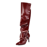 Bottes montantes pliables à bout pointu et talons aiguilles, avec rivets métalliques et tige détachable, pour femme, idéales pour les soirées et clubs