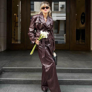 エニャミ シンプルファッション レディース バーガンディ PUコート トレンチ ストリートウェア ラペル エコレザーパンツ マキシ丈パンツ ジャケット 2点セット - Product Image 3