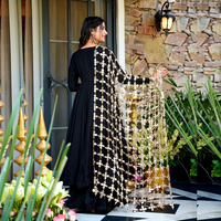 Robe longue noire élégante avec broderie chaîne et dentelle, coupe trapèze, manches longues, pour soirée, coupe classique, col en U, en polyester tissé, style Y2K