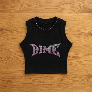 Débardeur côtelé noir 100 % coton pour femme, tricoté avec lettres en strass, col rond, sans manches, coupe décontractée, idéal pour les festivals - Product Image 3