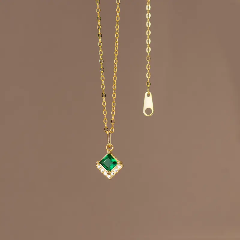 Wholesale 925 sterling silver gold plated square green diamond emerald pendant statement women fine jewelry necklace