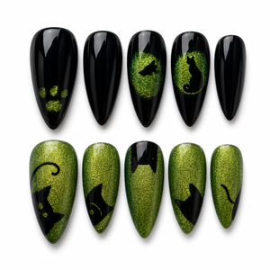 Faux ongles à presser Halloween Amande Vert Noir Couverture Complète Paillettes Motif Patte de Chat Pré-conçus pour Femmes - Product Image 1