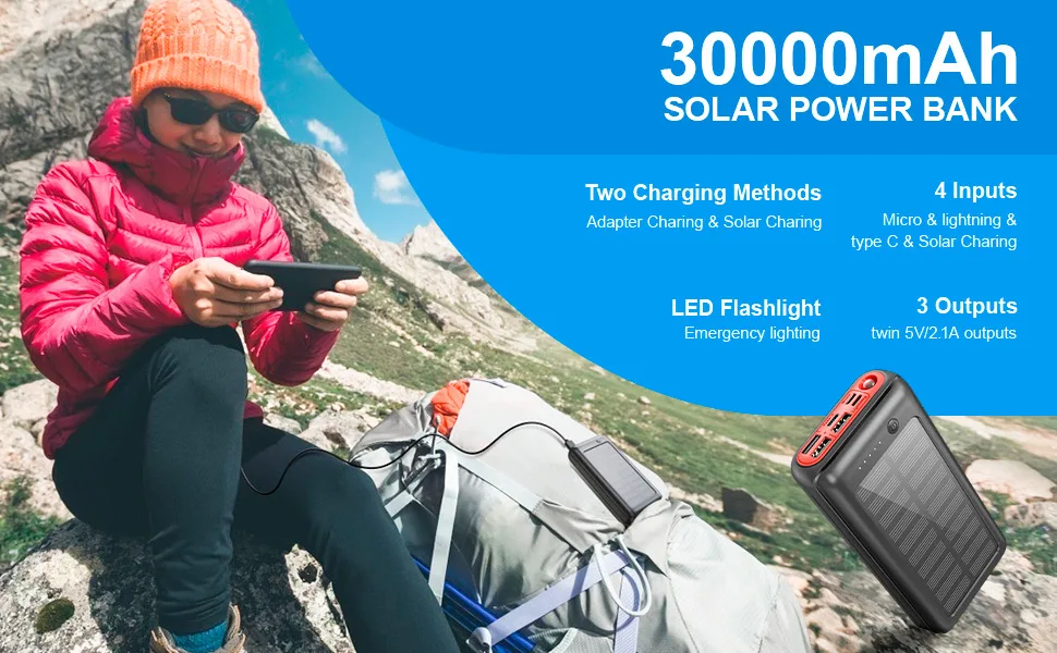 Solar Power Bank 30000Mah Solar Charger 4 Input 3 Output Power Bank Portable For Cell - Other - 1