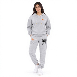 Conjunto de Sudadera con Capucha y Pantalones de Forro Polar Gris para Mujer Tiierwear, Corte Holgado, Diseño con Letras Impresas, para Todas las Temporadas - Product Image 1