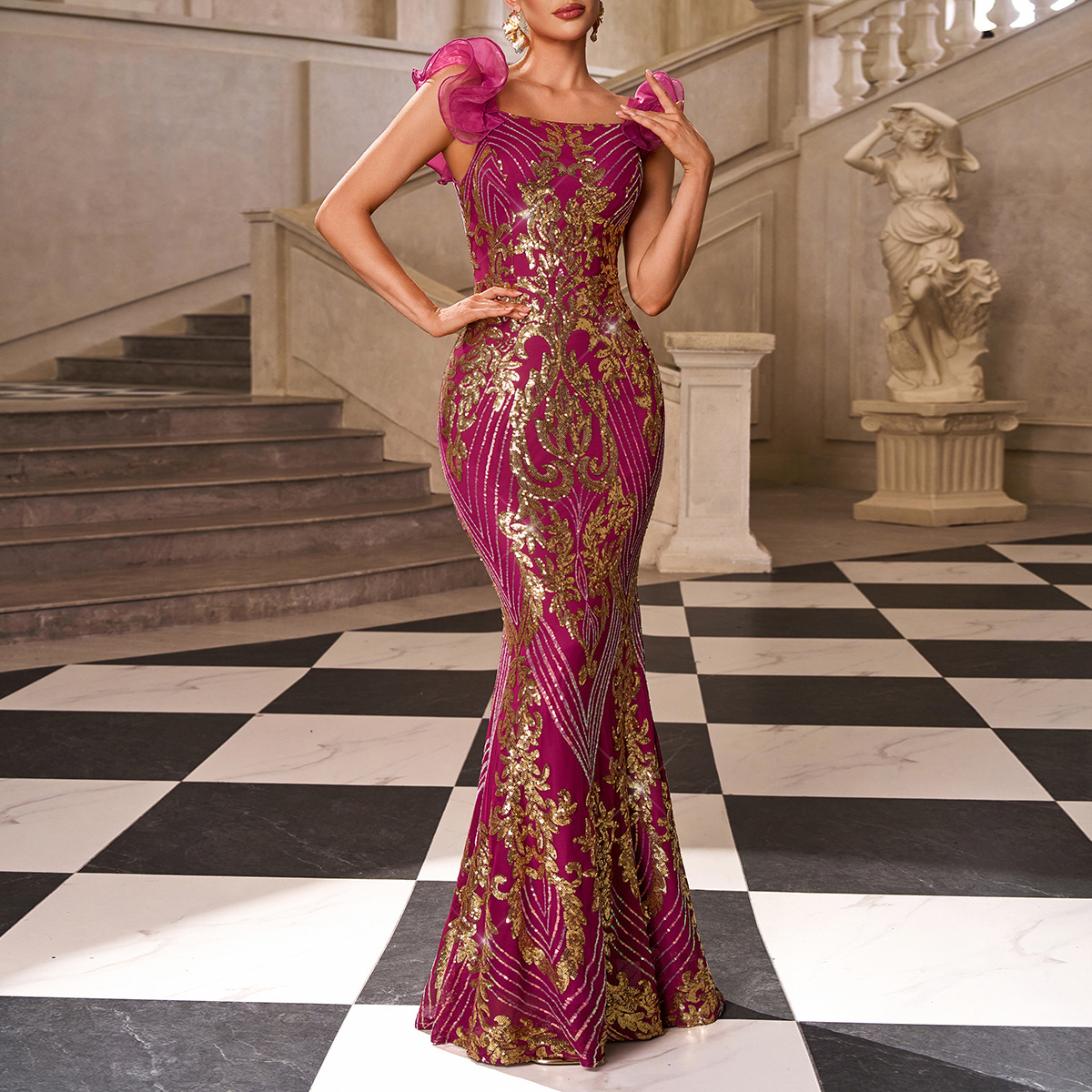 fitted lace wedding dress Wine Red Maxi Velvet Gold Lace Applique Formal Party Gown – Sultan Dress main image 0