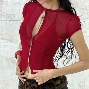 Women’s Y2K Sexy Hollow Out Halter Neck Mesh Crop Top Short Sleeve <b>Tie</b>-Up T-Shirt Clubwear - Product Image 2