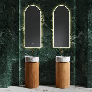 อ่างล้างหน้าแบบตั้งพื้นพร้อมฐานสแตนเลสลายไม้และอ่างหินอ่อนสีขาว - Product Image 4