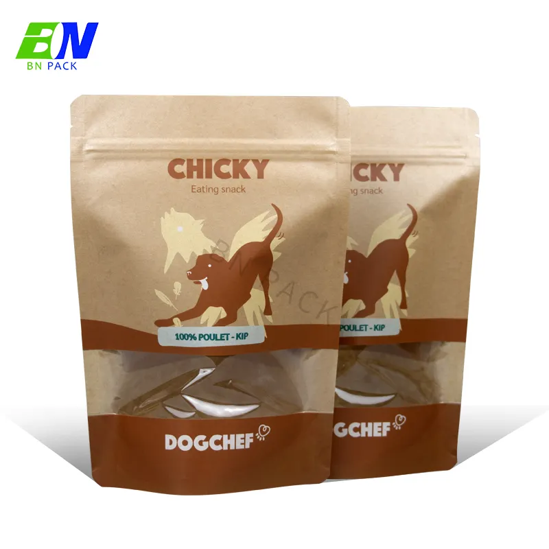 Tùy Chỉnh Logo In 250 Gam 500 Gam Resealable Kraft Giấy Doypack Dog Treats Đóng Gói Túi Với Cửa Sổ