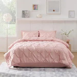 Juego de edredón rosa de tamaño Queen, conjunto de ropa de cama plisada con bolsa, edredón, sábanas, fundas de almohada, 8 piezas