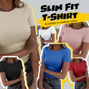 Camiseta Clásica de Cuello Redondo y Canalé para Mujer, Manga Corta, Corte Ajustado, Tops Básicos para Uso Diario Informal - Product Image 2