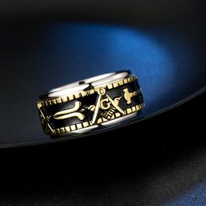 Bague maçonnique rotative en acier inoxydable plaqué or avec pierre naturelle pour homme, grande taille, en gros - Product Image 3