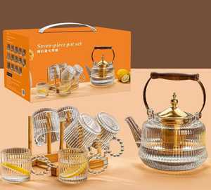 Juego de <span class=keywords><strong>tetera</strong></span> de compra a granel de fábrica china, juego de tazas de jarra de agua de vidrio, jarra de agua elegante con bandeja de madera - Product Image 5