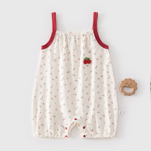 Combinaison à bretelles pour bébé fille, en coton d'été, avec imprimé cerise, tissu fin pour nouveau-nés - Product Image 1