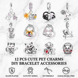 Ganku - Juego de 12 Abalorios de Mascotas Adorables, Chapados en Plata con Circonitas, de <span class=keywords><strong>Gato</strong></span> y Perro, para Hacer Pulseras, Collares y Joyería DIY, Accesorio al por Mayor - Product Image 1