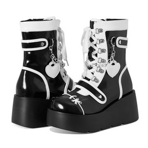 Ladies Cute <b>Heart</b> Decor Short Boots <b>Sweet</b> Pink Style Height Increasing Thick Sole Lace Up Fashion Motorcycle Boots - Product Image 4