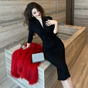 ZYHT 6050 autunno nuovo arrivo abiti moda donna Twist scollo a V increspato a manica lunga <span class=keywords><strong>Midi</strong></span> abiti donna - Product Image 2