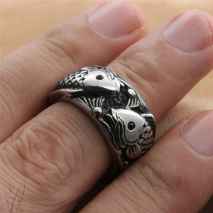 European American Style <b>Titanium</b> Steel Fish Wave <b>Ring</b> Men's Punk Retro Jewelry Gift Silver Color - Product Image 3
