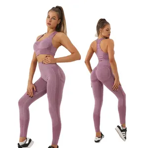 Kadın sıkıştırılmış Yoga setleri düz özel spor sutyeni spor nefes dört yönlü streç hızlı kuru yüksek bel tayt spor takım elbise