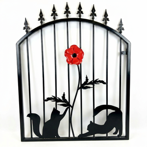 Wrought Iron Garden Gate Cat Rose Design Rustic Exterior Metal Entry Door Manual <b>Swing</b> Style Finished Surface - Product Image 1
