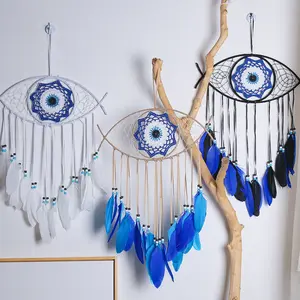 Handmade Macrame Blue Dreamcatcher Wall Art Good Luck Charm Evil Eye Dream Catcher for Wall Decor Home Offices Living Spaces