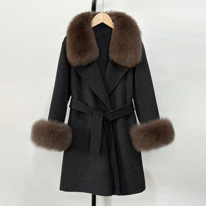 Manteau en laine pour femmes, automne-hiver, nouveau style coréen, col en vraie fourrure de renard, <span class=keywords><strong>mi</strong></span>-<span class=keywords><strong>long</strong></span>, double face, en laine, pour femmes - Product Image 3