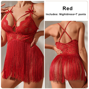 Set di Lingerie Sexy Nero/<span class=keywords><strong>Bianco</strong></span>/Rosso, Abito <span class=keywords><strong>in</strong></span> Pizzo Trasparente con Frange, Vestito da Notte Seducente con Schiena Scoperta - Product Image 6