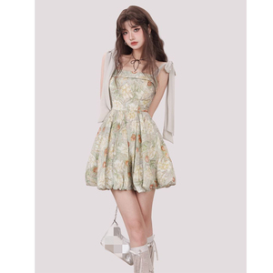 Robe mini élégante à imprimé floral avec bretelles à nœud, col épaules dénudées, coupe trapèze, ourlet bouffant, robe d'été décontractée pour soirée - Product Image 1