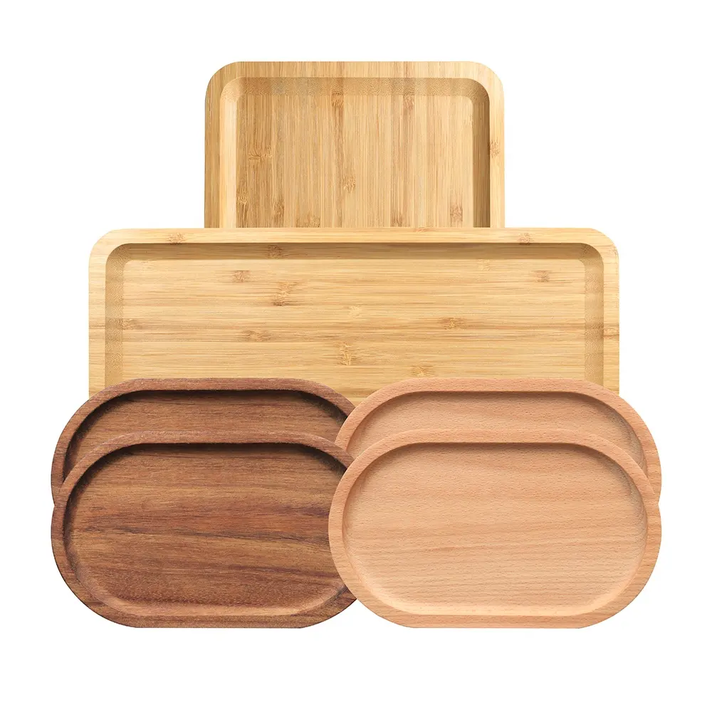 Custom Logo Wooden Food Tray Serving Plate rubber wood fruit tray dinner plate wood trays