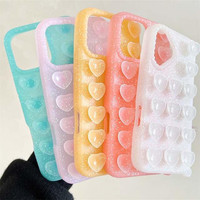 Creative Cute Soft Glitter love Heart Design Silicone Suction Cup Cell Phone case for iphone 17 16 15 14 Pro Max