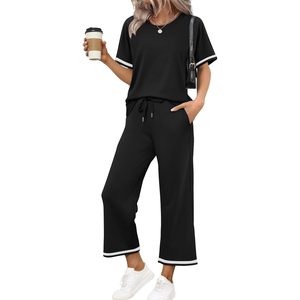 ชุดเซ็ต 2 ชิ้นสำหรับผู้หญิง FOXA แขนสั้น คอกลม ผ้าถัก สวมใส่สบายๆ ในฤดูร้อน เหมาะสำหรับพักผ่อน ระบายอากาศได้ดี ใส่เที่ยวพักผ่อนได้ - Product Image 2