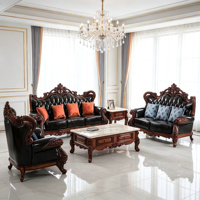 Ensemble de canapés en bois massif sculpté à la main de style baroque européen de luxe, en cuir véritable noir, avec table basse en marbre, meubles de salon