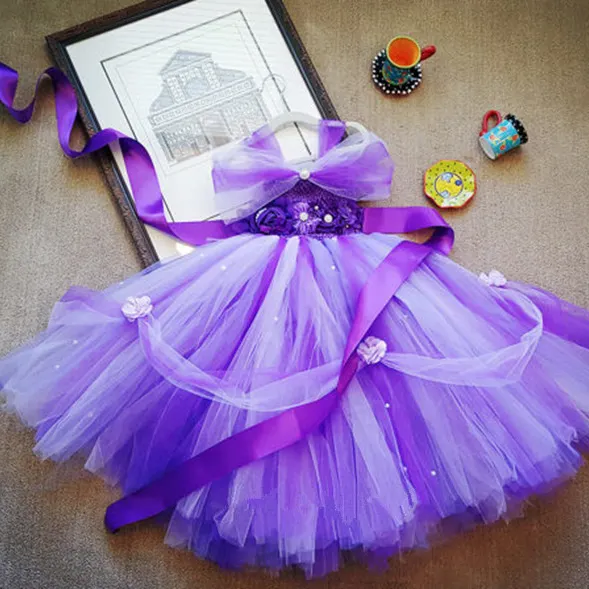 Оптовая продажа, детская одежда, Фиолетовый Тюль, бутик феи, принцесса, пачка, цветочные платья для девочек