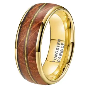 Coolstyle Jewelry 8mm Whisky Barrel Wood Guitar String Inlay Gold Tungsten Ring for Men Women Fashion Engagement Wedding Band
