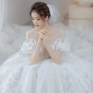 Manufacturer made Ball Gown Lace Wedding Dress Luxury Beaded Sexy Sweetheart Bride Dresses With Sleeves Princess Bridal Gowns