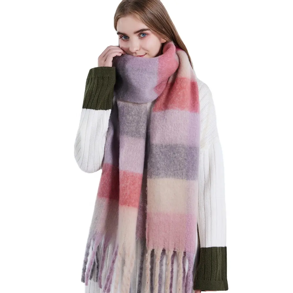 New autumn and winter imitation cashmere scarf women's wool knitted Plaid shawl with warm and thickened customization