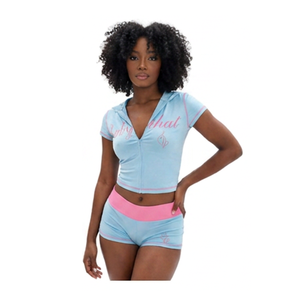 Set da <span class=keywords><strong>Donna</strong></span> 2 Pezzi con Logo <span class=keywords><strong>Classico</strong></span> di Gatto Stampato, Felpa con Zip a Maniche Corte e Pantaloncini con Bordi a Contrasto, Outfit Baddie - Product Image 6