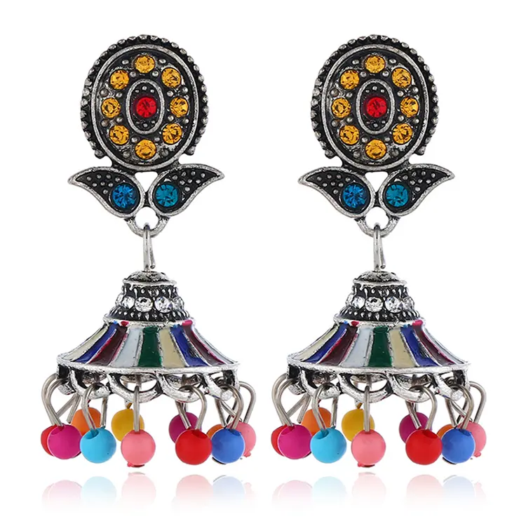 Boucles d'oreilles en pierre naturelle indienne, bijoux traditionnels, en bois, polka diamant, grande taille Jhumka