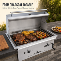 Barbecue au charbon de bois encastrable de luxe moderne haut de gamme pour extérieur, hauteur réglable, aérations réglables, en acier inoxydable