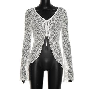 Viviblook J26TP289 Women Autumn Top V-Neck Lace Long <b>Sheer</b> Casual Long Sleeve Top for Ladies - Product Image 1