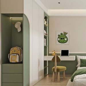 Custom-Made Modern Minimalist Children's Bedroom Wardrobe with Modular Desk <b>Bookshelf</b> Adjustable Height and <b>Open</b> Shelving - Product Image 3