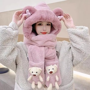 Ensemble bonnet, écharpe et gants en polaire pour femme Ni Xuan, hiver, épais, pelucheux, chaud, trois pièces, motif ours, taille adulte 54-56 cm - Product Image 4