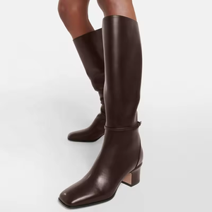 Bottes hautes en cuir pour femmes, à bout pointu, à talon bloc épais, à talon haut, avec fermeture éclair, grande taille 46, chaussures décontractées de luxe - Product Image 4