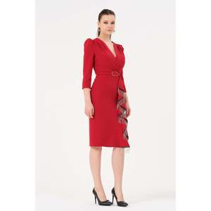 Robe décontractée élégante pour femmes DANS, couleur rouge unie, style polyvalent mi-long pour le printemps et l'été, tailles 38-42 - Product Image 2
