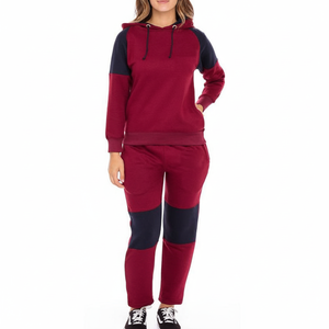 Women's <b>Burgundy</b> and Navy Color Block <b>Hoodie</b> and Jogger Set Comfortable Cotton Blend Fabric 280 GSM Drawstring Collar - Product Image 1