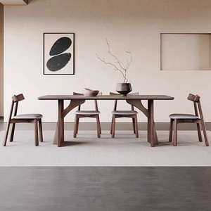 Nordic Solid Wood Slab Dining <b>Table</b> Rectangle <b>Walnut</b> Color Modern Minimalist Style Stable Bentwood Structure Dining Room - Product Image 3
