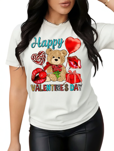 T-shirt da donna con stampa orsetto e cuore per San Valentino, girocollo, manica corta, casual, 100% cotone traspirante, per primavera ed estate - Product Image 1